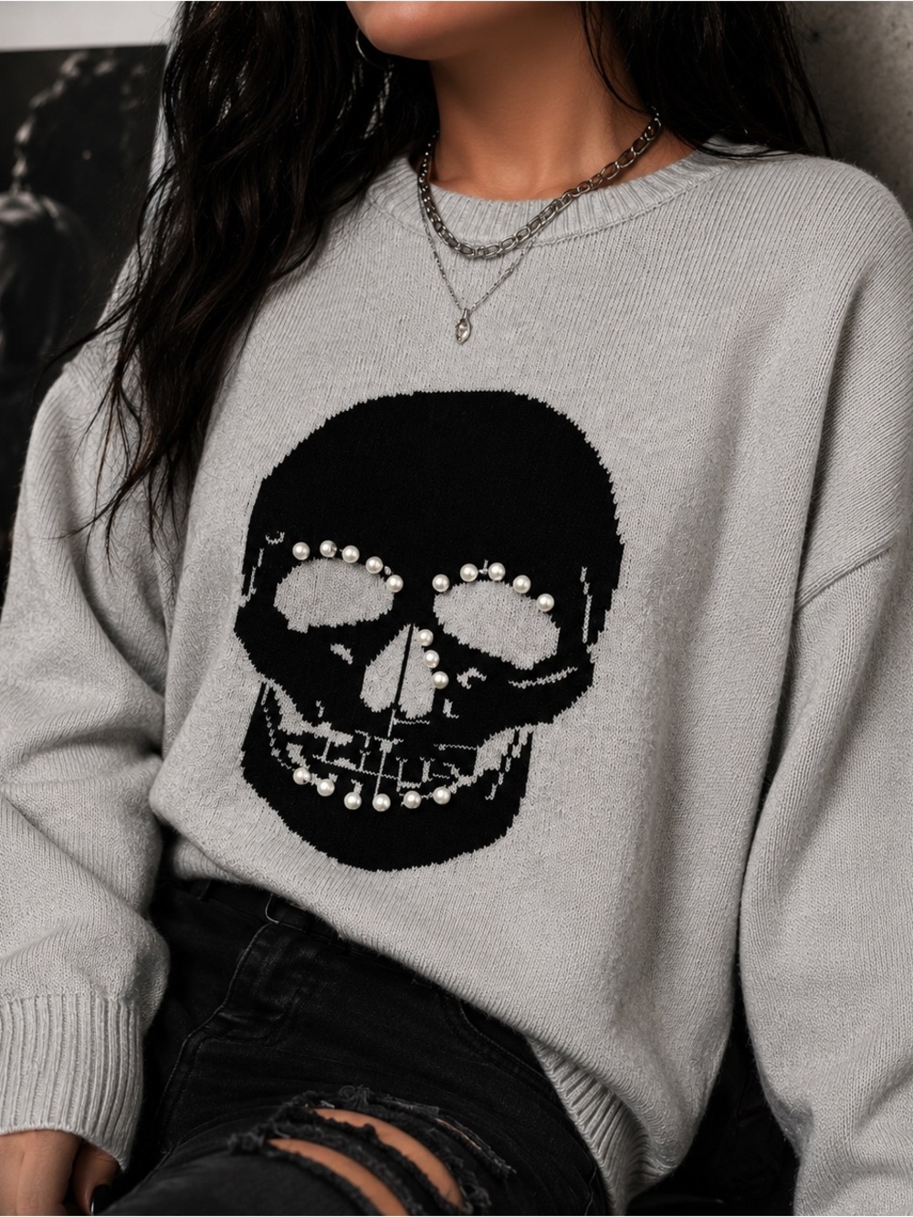 Vigoss Women’s Gray Rhinestone Skull Goth Grunge Knit Sweater Large